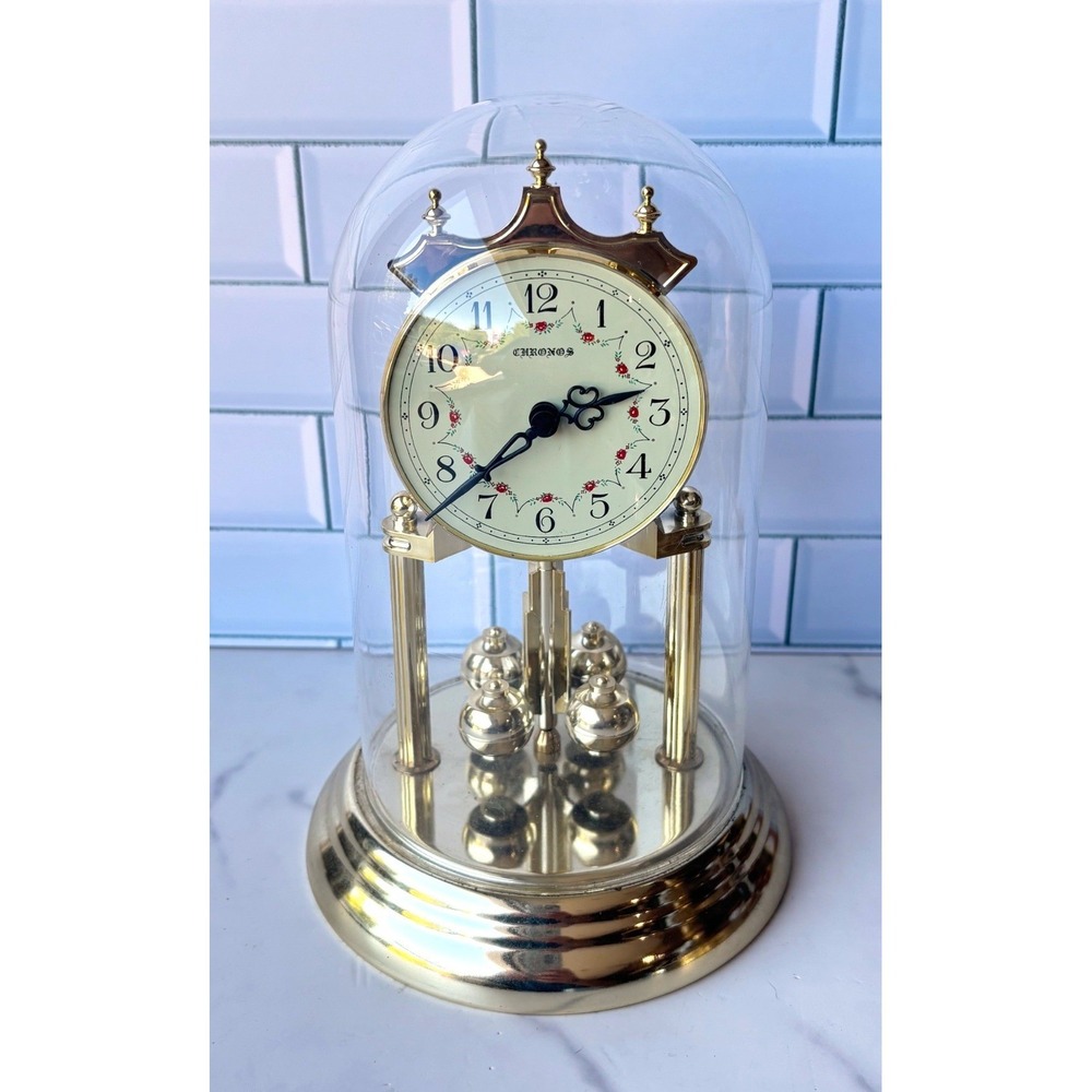 Chronos Quartz Anniversary Clock Gold Tone Glass Dome Floral Face Rotating Ball